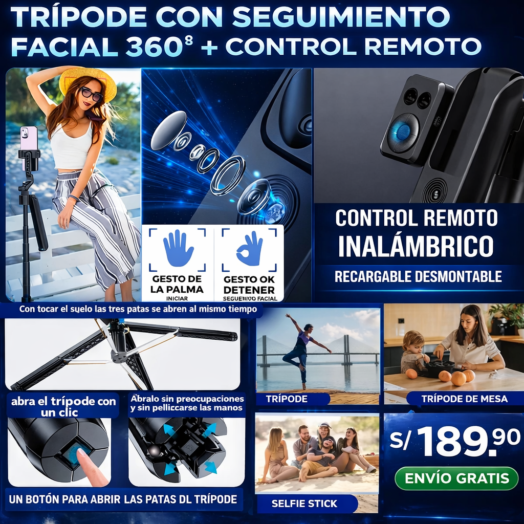 Trípode con Seguimiento Facial 360 + Control Remoto🤖