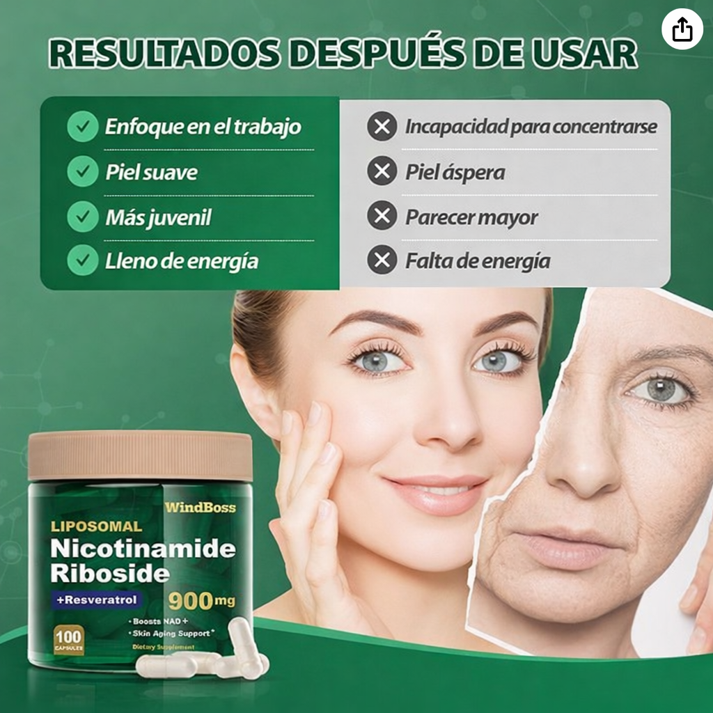 Suplemento liposomal NAD+ con ribósido de nicotinamida y resveratrol, refuerzo NAD para energía celular, antienvejecimiento y metabolismo