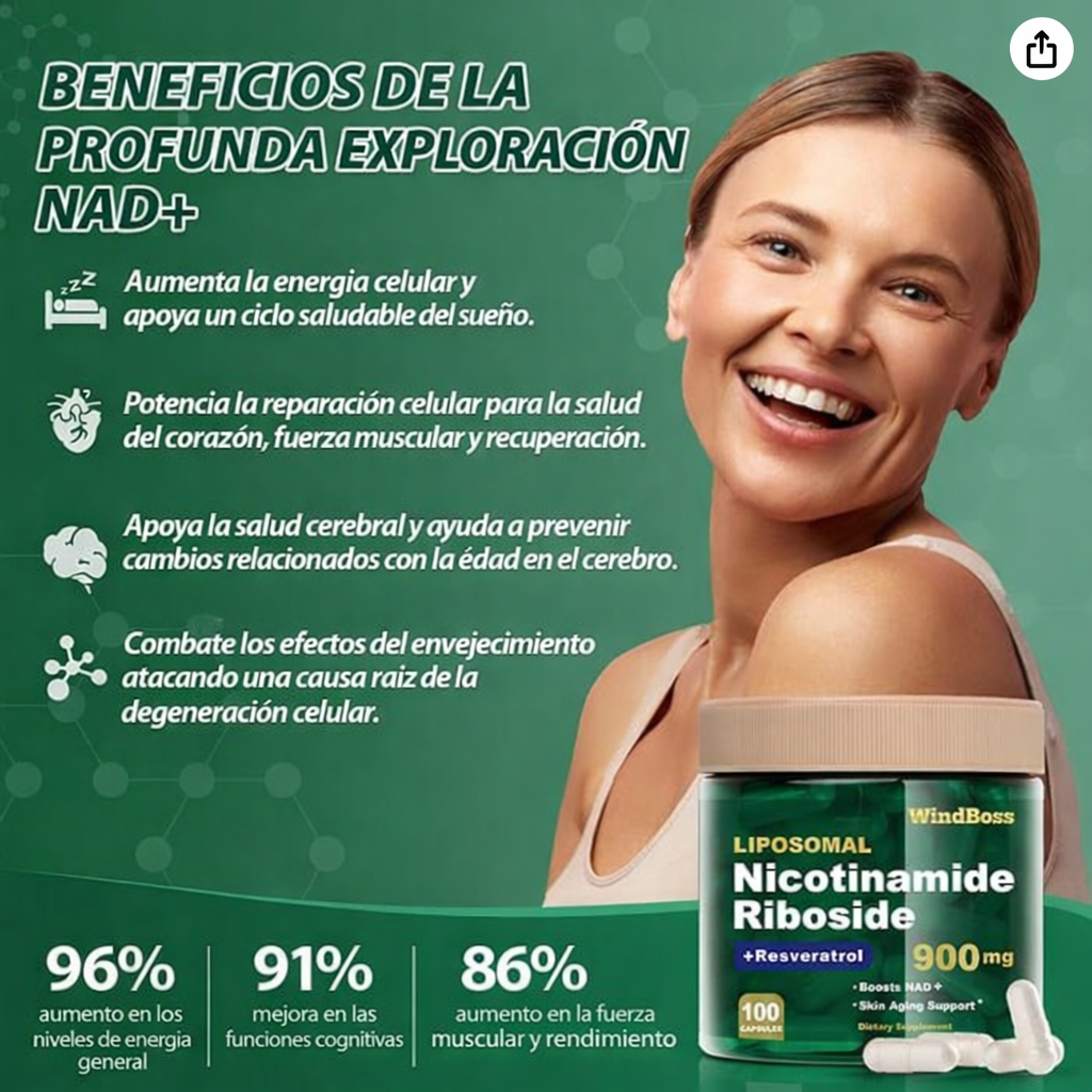 Suplemento liposomal NAD+ con ribósido de nicotinamida y resveratrol, refuerzo NAD para energía celular, antienvejecimiento y metabolismo