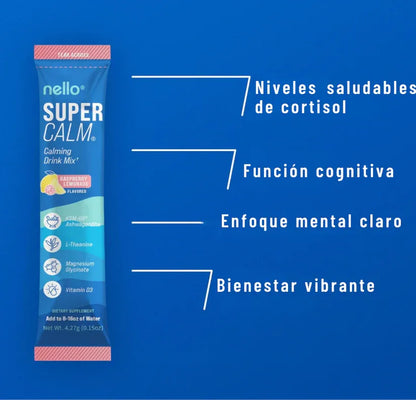 Nello Supercalm - Mezcla de bebida en polvo, limonada de frambuesa, L teanina, Ksm-66 Ashwagandha, 20 sobrecitos